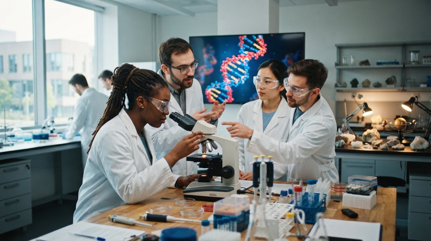 Students in white lab coats and goggles examine a DNA model on a monitor beside a microscope in a bright university lab