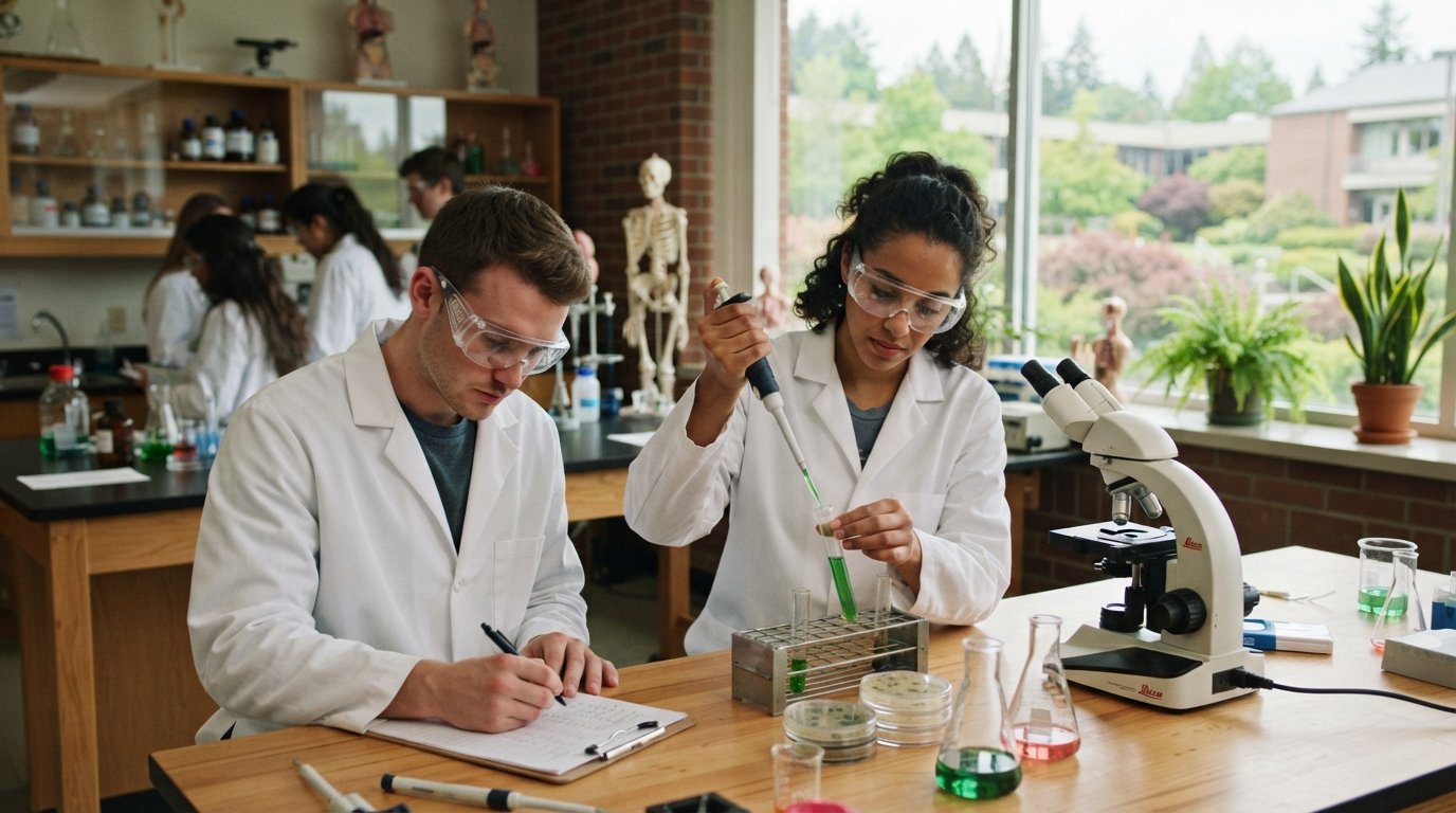 Two students in lab coats and safety goggles pipetting green liquid and recording notes beside a microscope on a wooden lab…