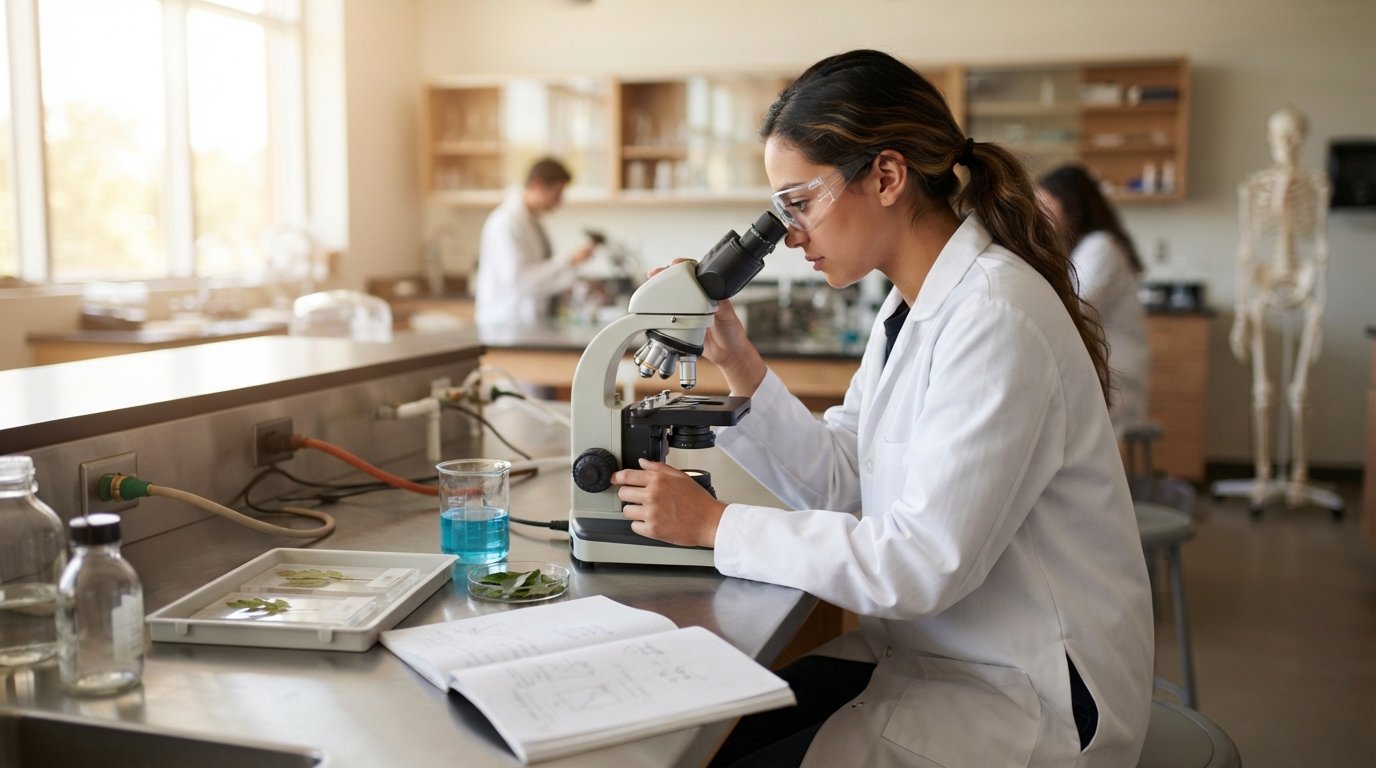 College student in lab coat and goggles peers into a microscope at a stainless-steel bench with a beaker of blue liquid and…