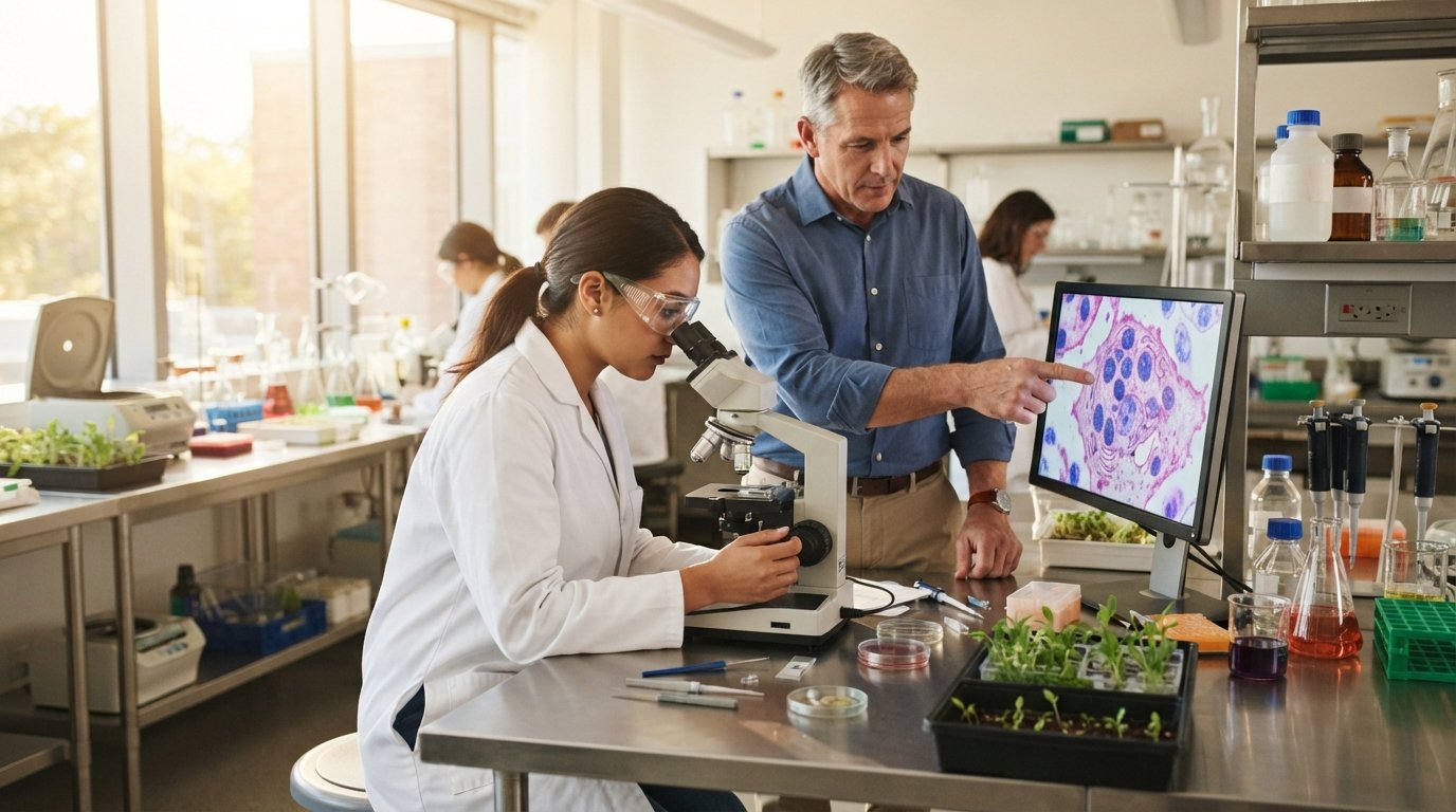 Undergraduate student in a white lab coat using a microscope while a professor points to a digital monitor showing cellular…