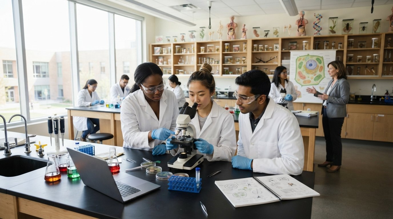 Three students in lab coats and safety goggles examine plant specimens under a microscope at a black lab bench with beakers…