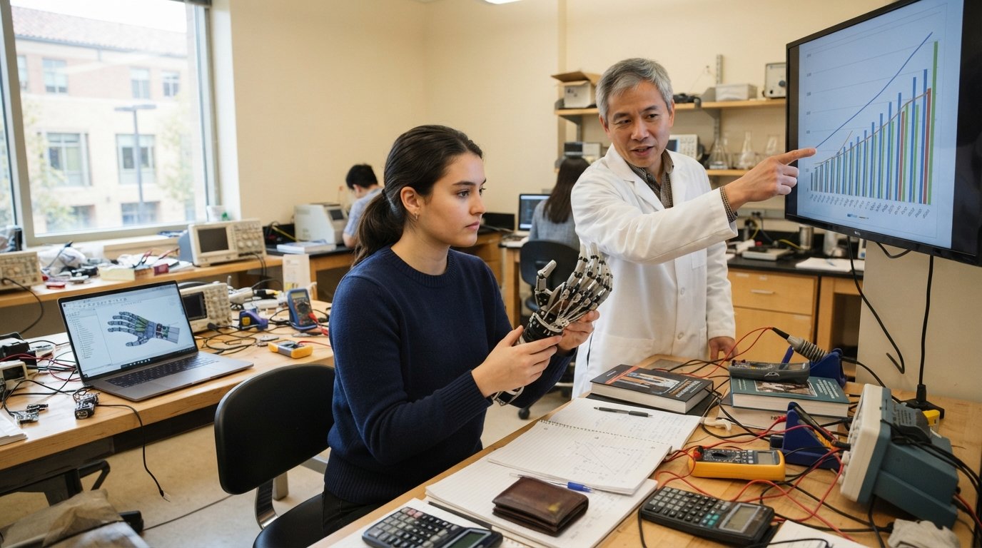 College student in a navy sweater examines a prosthetic hand at a lab bench with a laptop, textbooks, and financial aid…