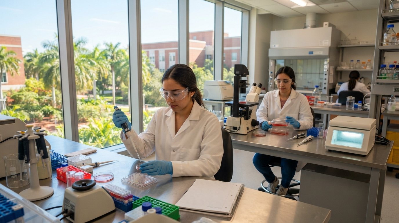Two graduate students in lab coats and goggles pipetting samples at a stainless steel bench beside a microscope, culture…