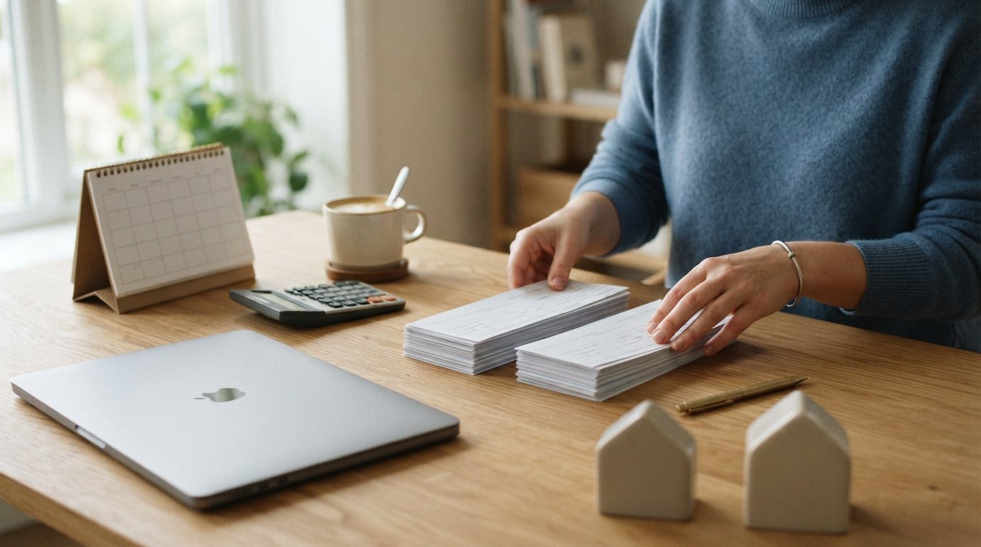 Hands sorting two stacks of paper payment slips on a wooden desk beside a closed laptop, calculator, calendar, coffee mug,…