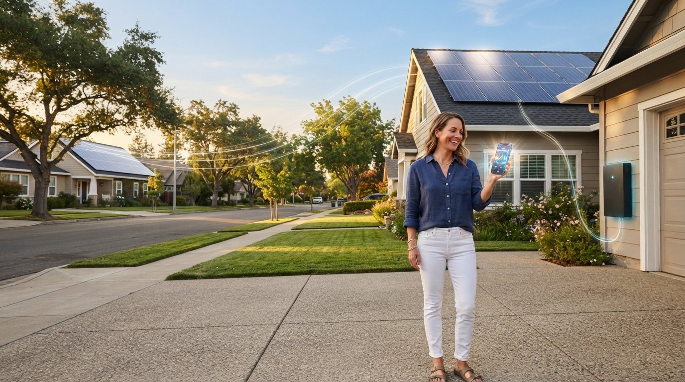 Homeowner on a driveway checking a smartphone energy dashboard, rooftop solar panels and a home battery behind him, glowing…