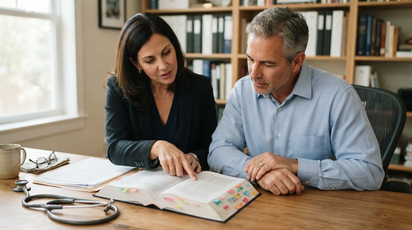 Attorney in a dark blazer points to a page in a thick tabbed reference book as a man in a light blue shirt reviews medical…