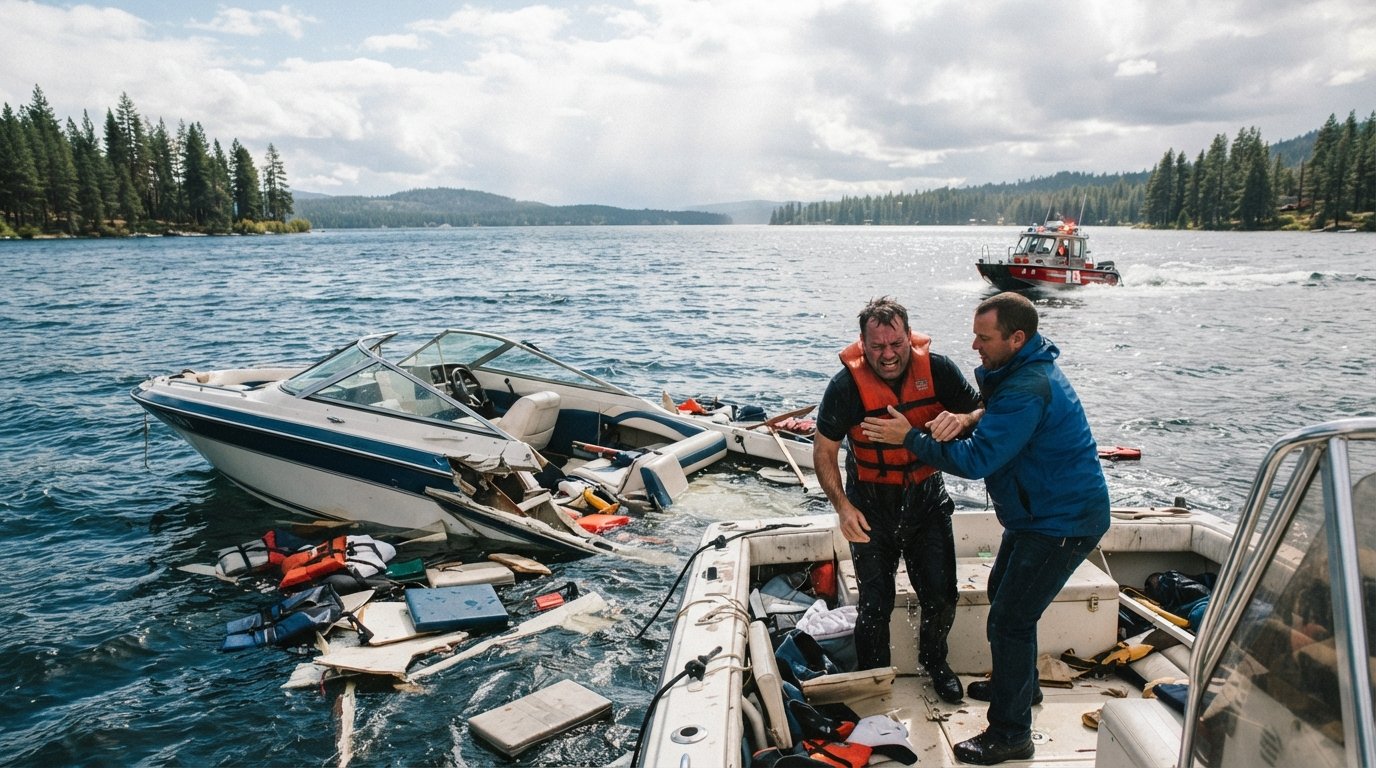 Two damaged motorboats on a choppy lake with floating debris as one boater in a life jacket is helped by another adult on…