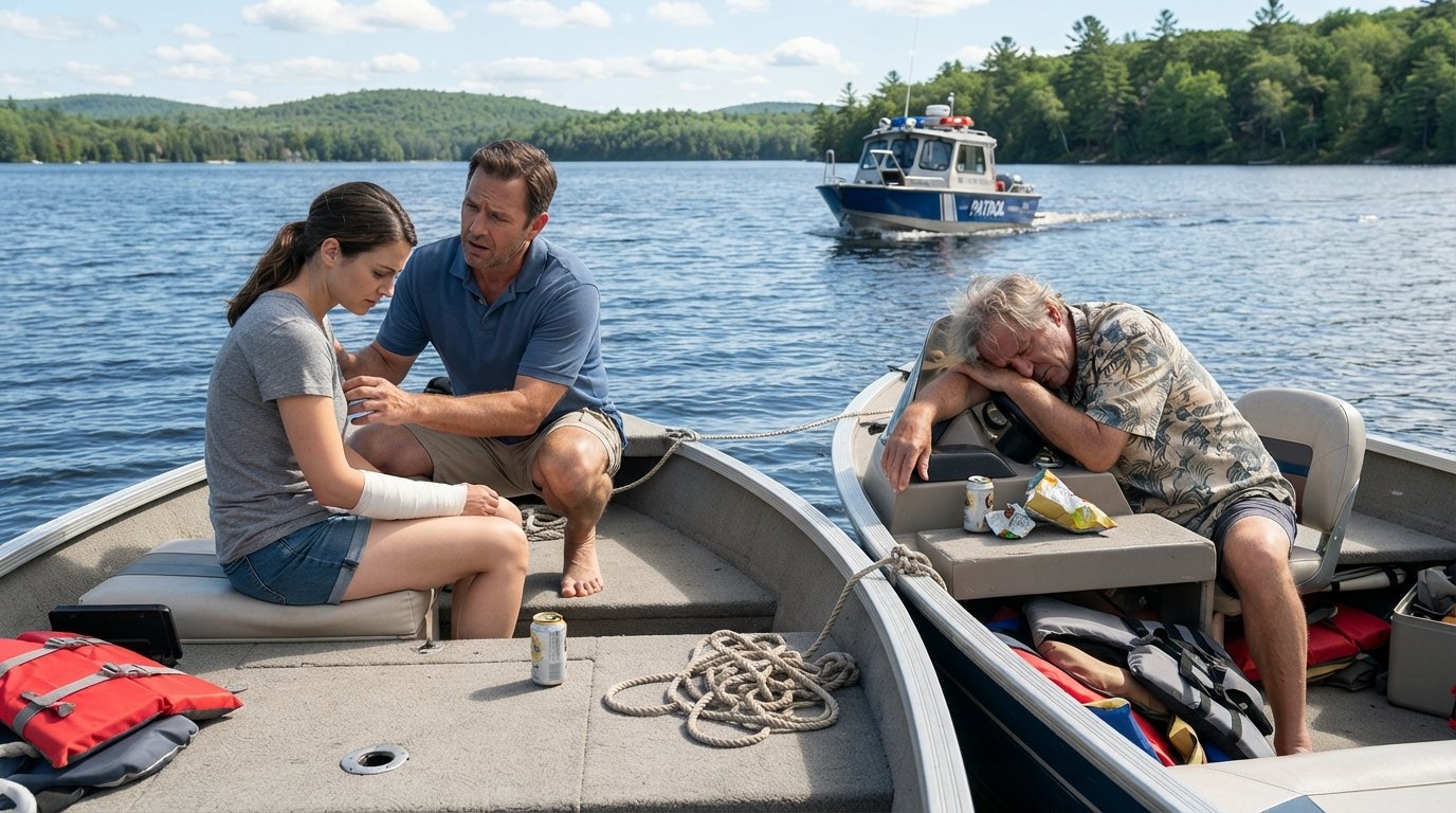 Two motorboats on a calm lake, one operator visibly impaired, a boater helping an injured passenger with a bandaged arm,…