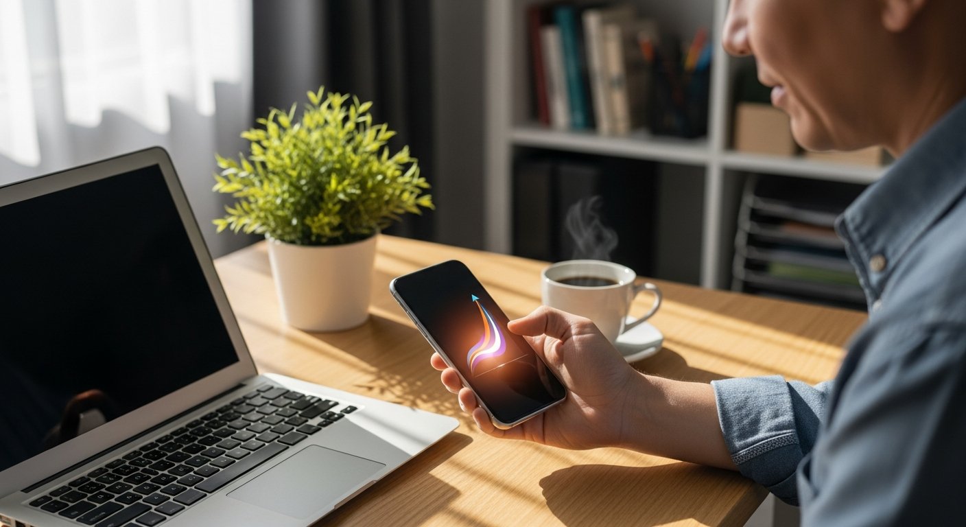 Hand holding a smartphone with a glowing loan approval graphic on a desk with a laptop, coffee, and plant