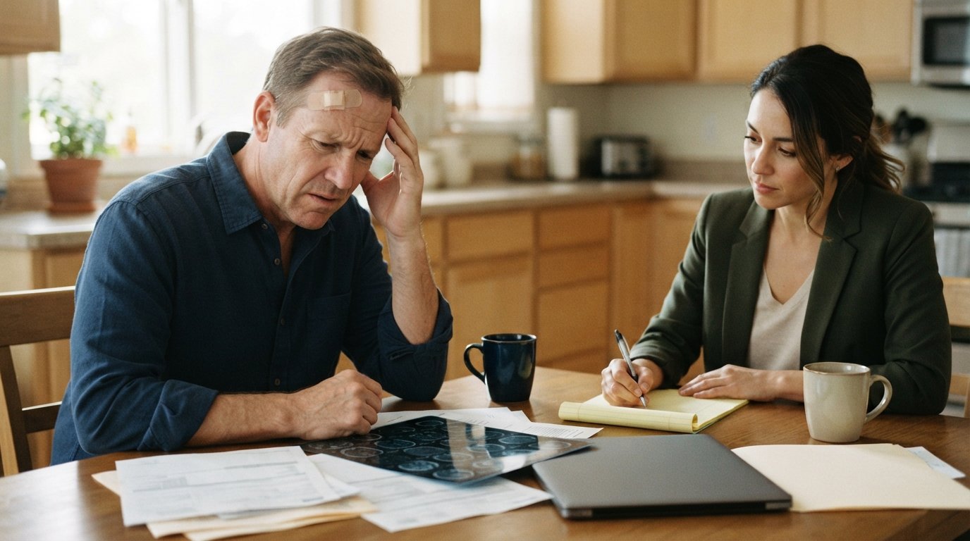 Man with a forehead bandage holding his head at a kitchen table beside medical bills and a brain scan, while a woman takes…