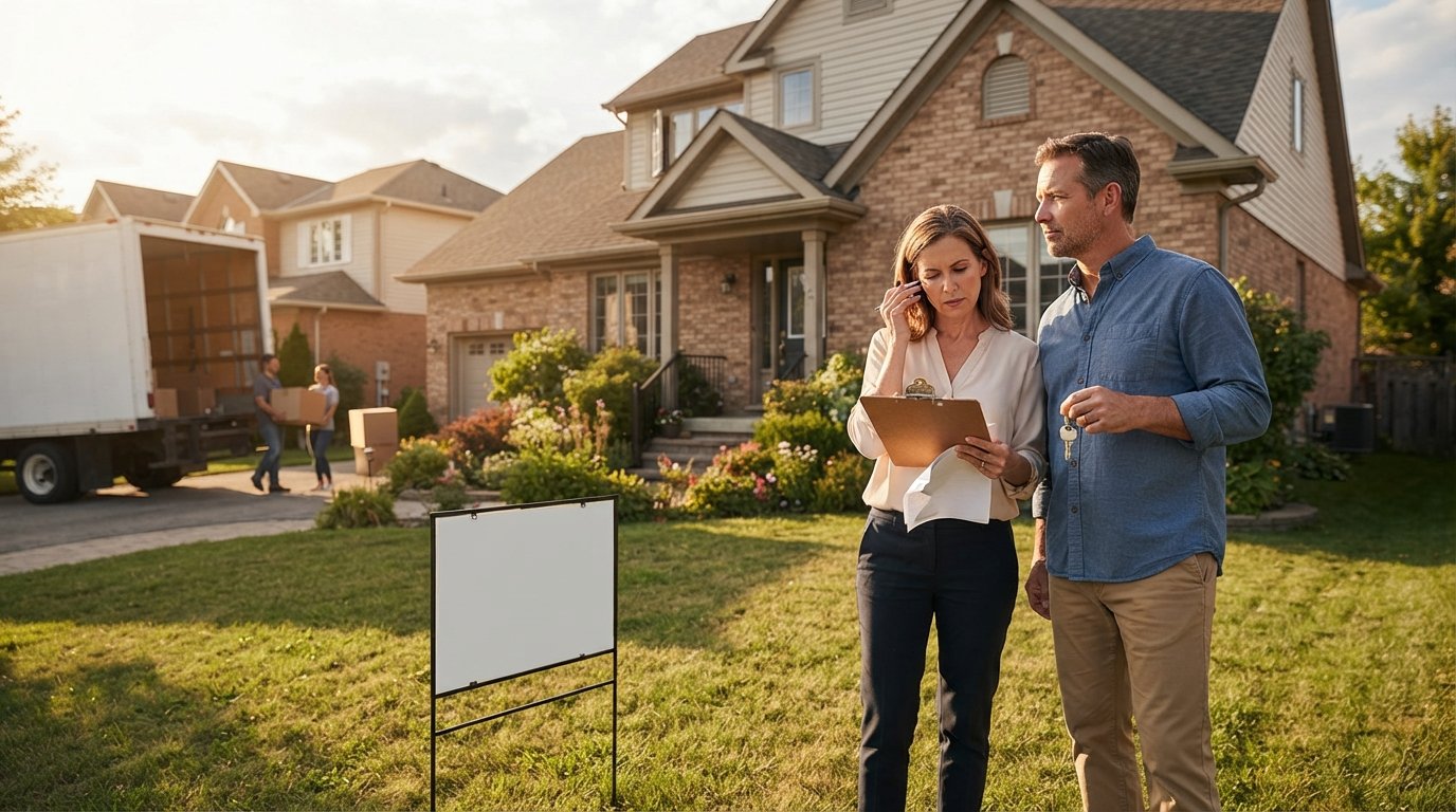 Middle-aged couple on a front lawn beside a for-sale sign, man holding keys, woman holding a clipboard, moving truck in the…