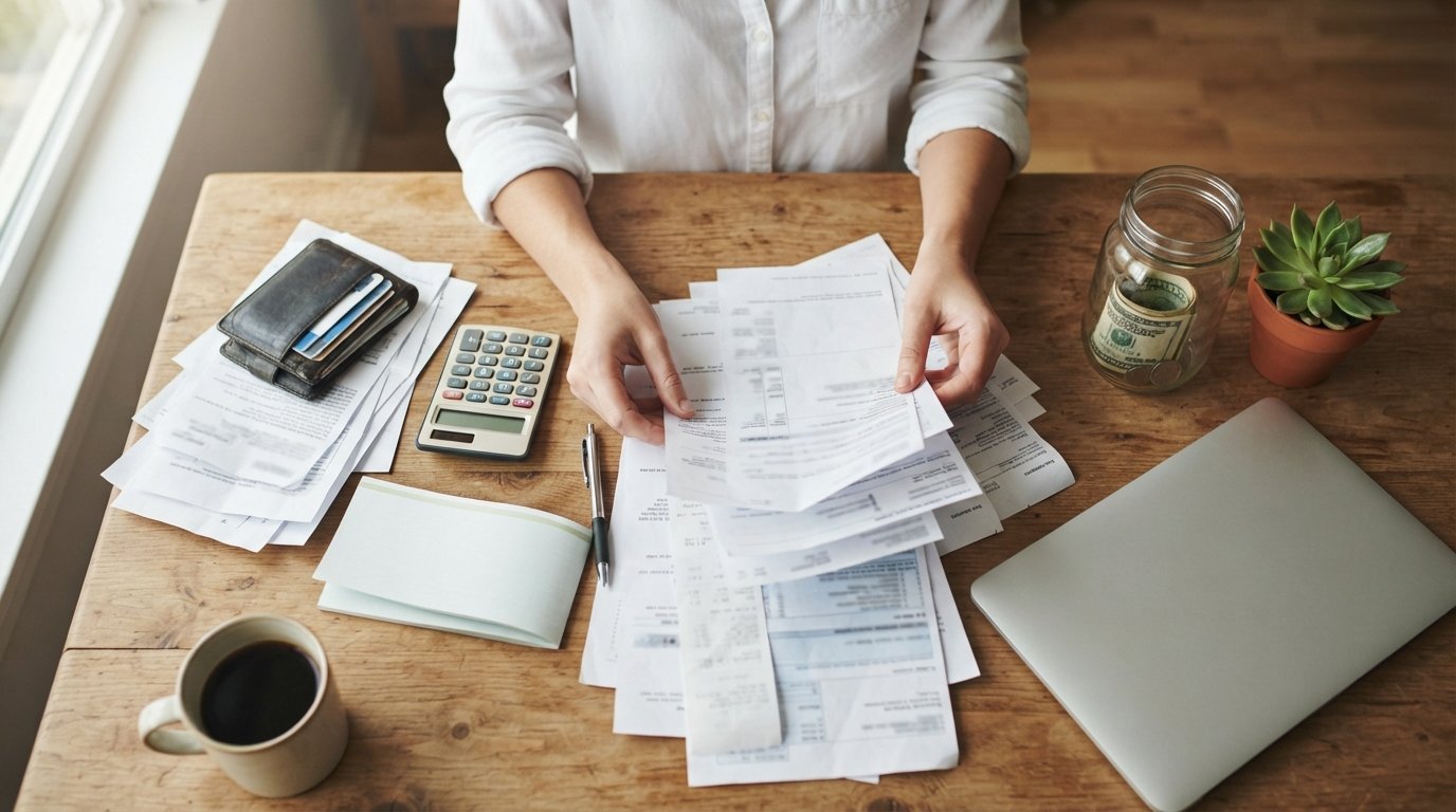 Hands sorting bank statements and using a calculator on a wooden table beside a glass jar of cash