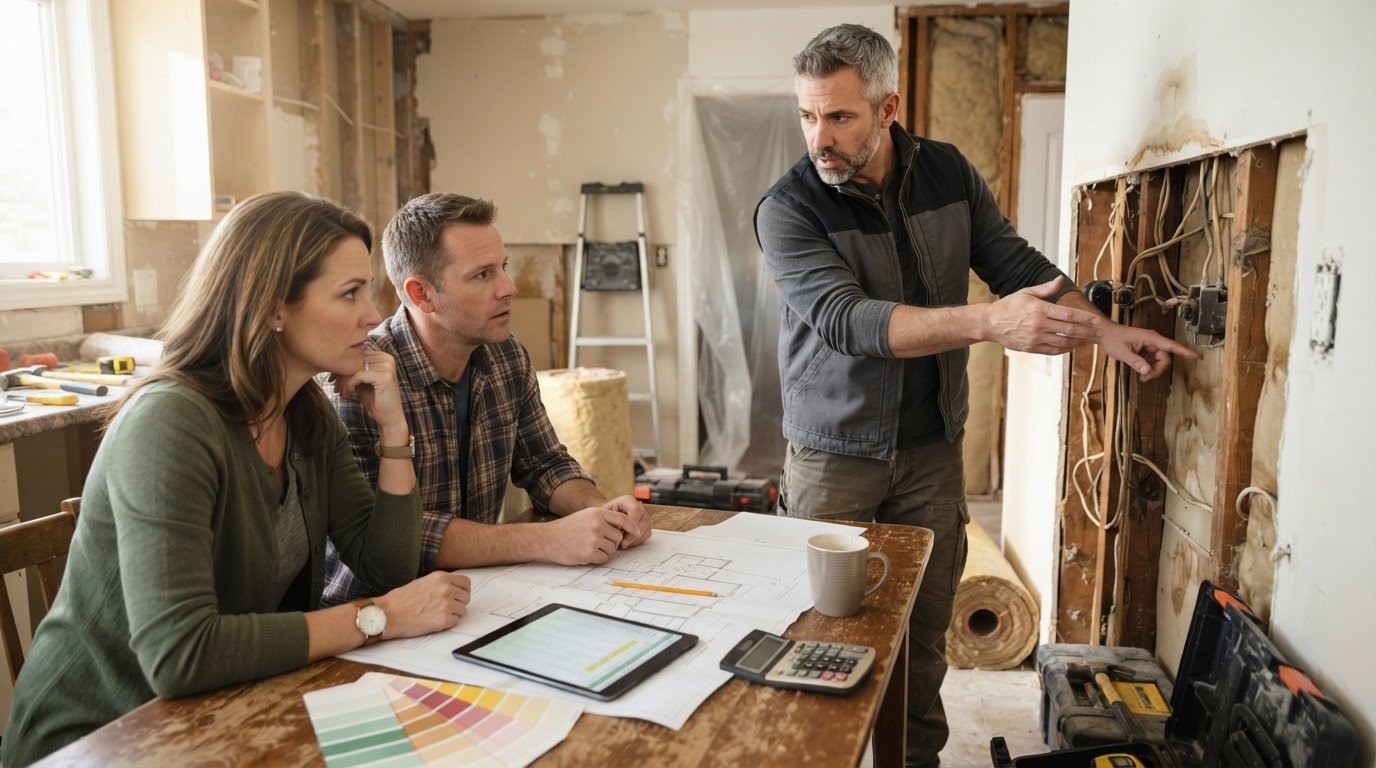 Couple reviewing renovation plans and a calculator at a kitchen table while a contractor points to an exposed wall with old…