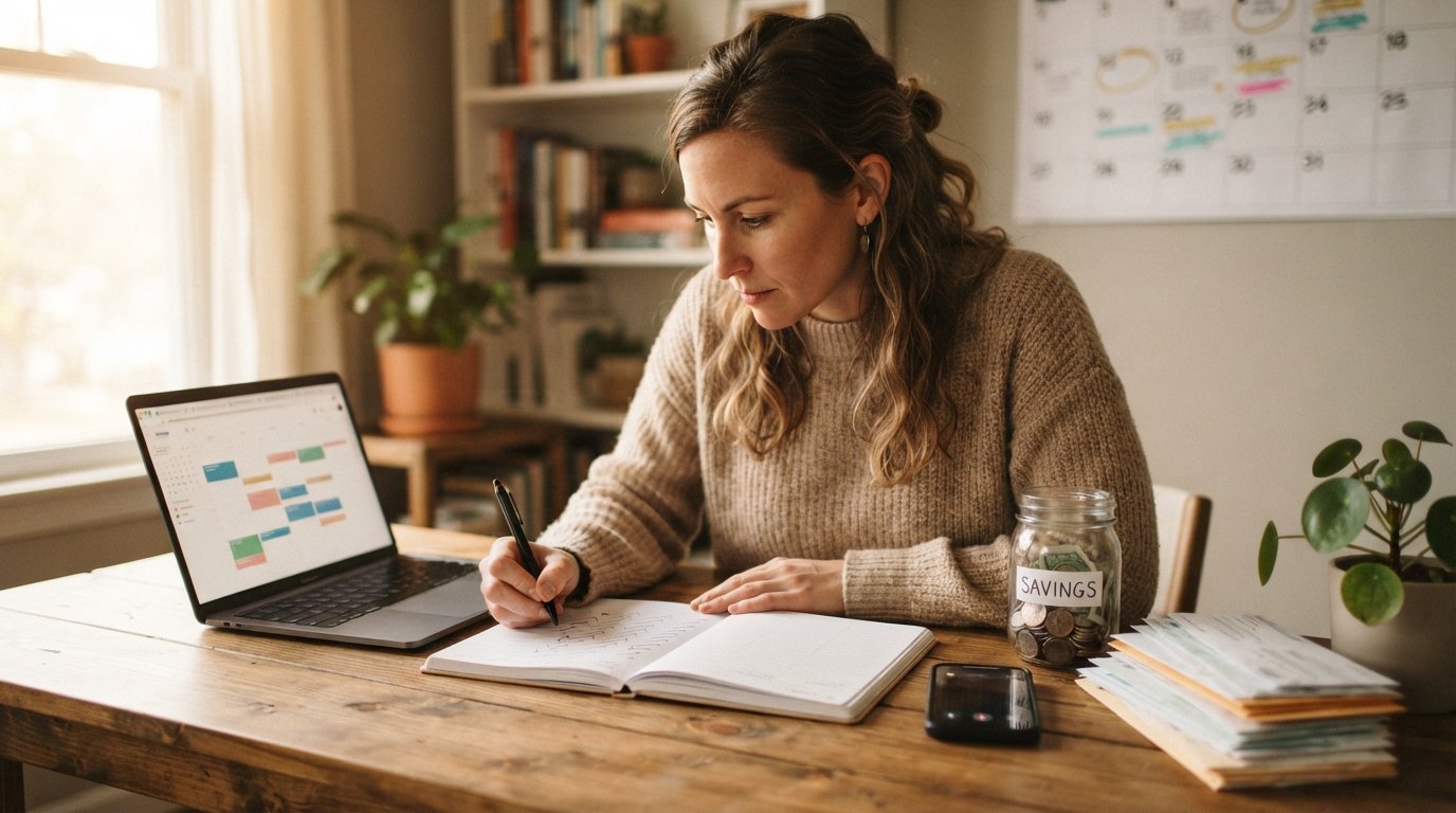 Woman at a wooden desk reviewing a paper budget planner beside a laptop, with a coin jar, smartphone calendar alert, and…