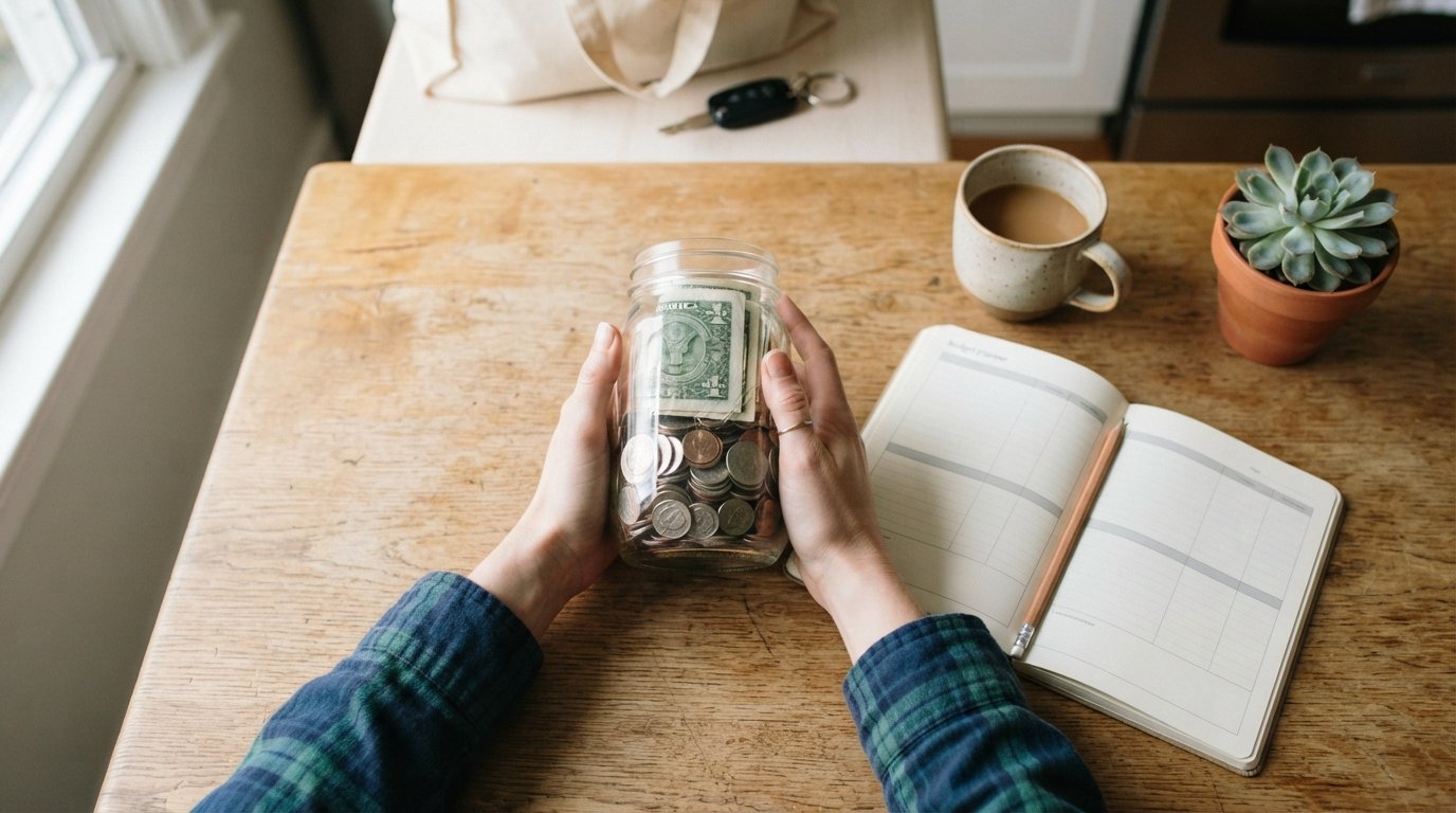 A person's hands hold a glass jar filled with coins and folded dollar bills on a wooden table next to an open budget…