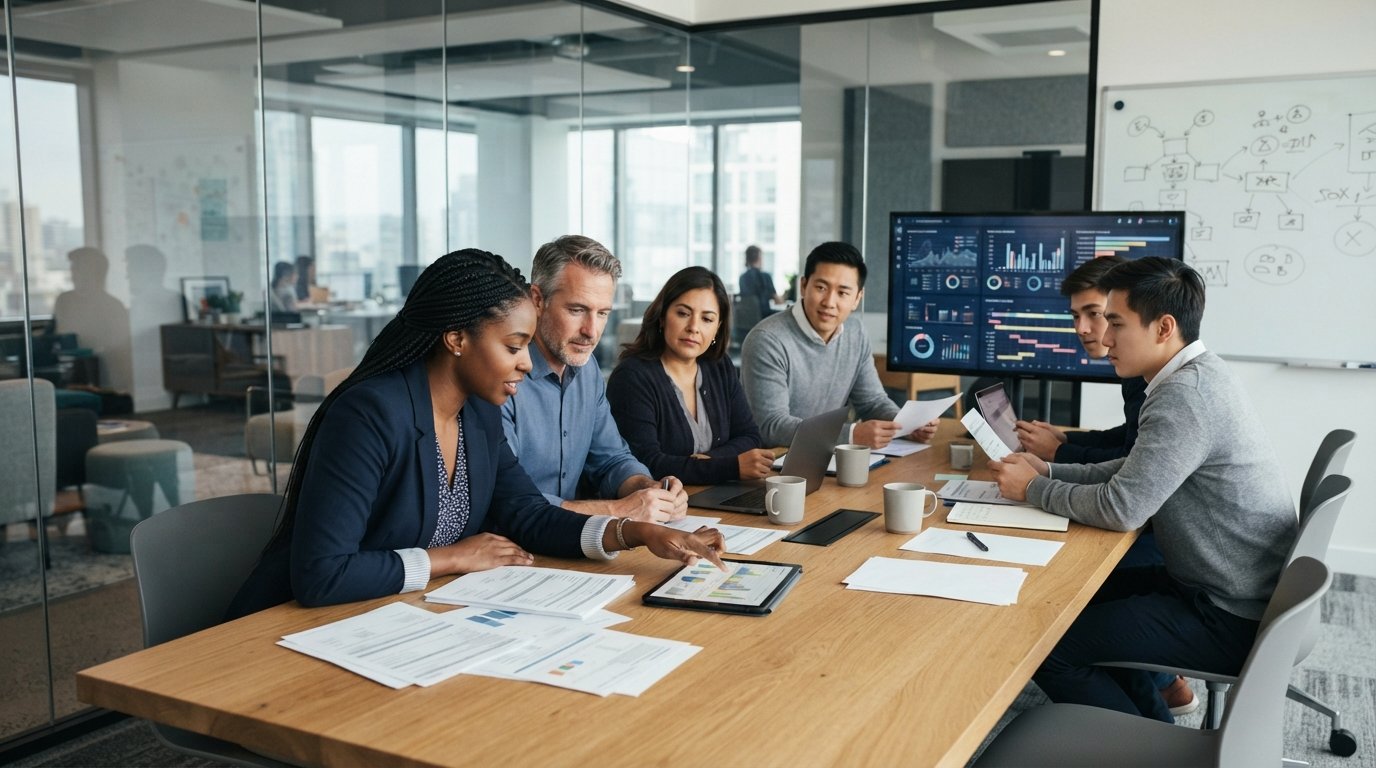 Diverse team in a glass-walled conference room reviewing printed consent forms and call logs on a large monitor while a…