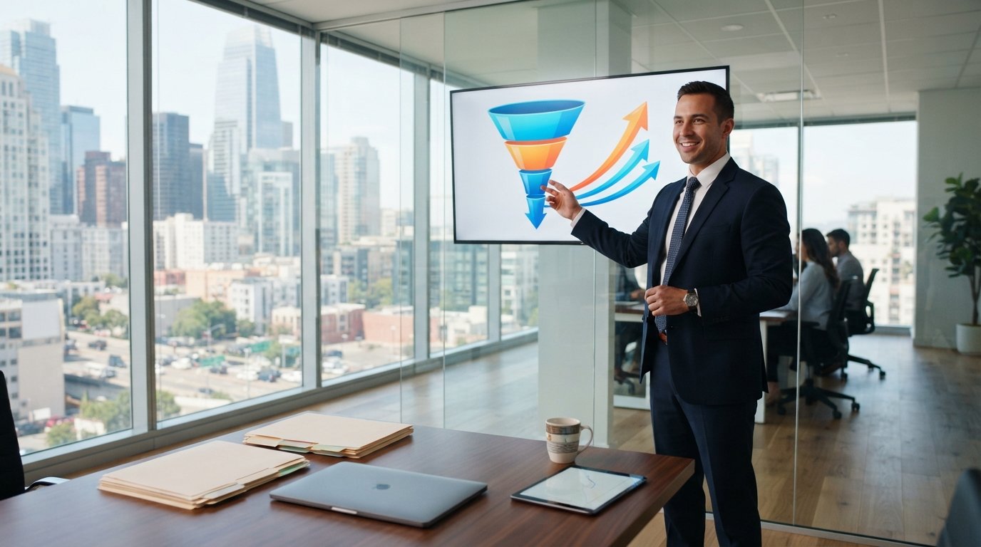Loan officer in navy suit pointing at a wall-mounted screen showing an upward-trending funnel chart in a sunlit…