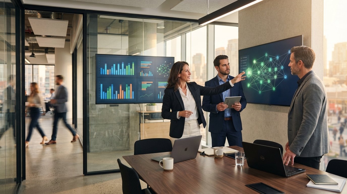 Three business professionals in a glass-walled conference room review a wall dashboard with bar graphs and a network…