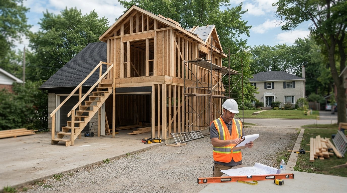 Contractor in hard hat and safety vest reviews blueprints beside a detached garage with exposed wooden studs, temporary…