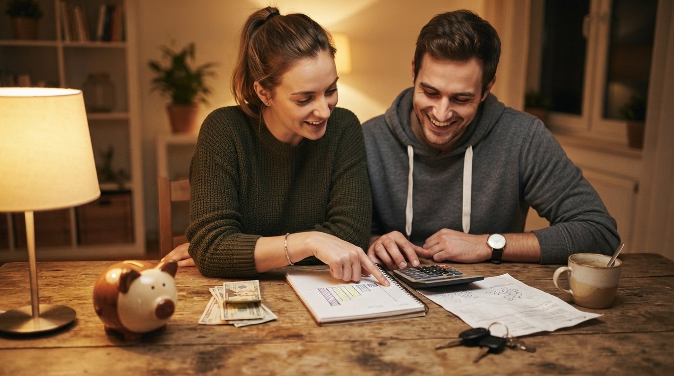Couple at a kitchen table reviewing a budget with a calculator, cash, piggy bank, savings chart, and car repair estimate