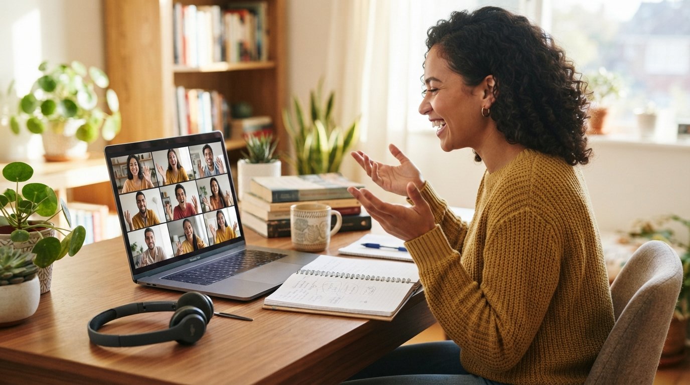 Diverse adult students in a lively video conference study session, some at a home desk with laptop and notebook, others on…