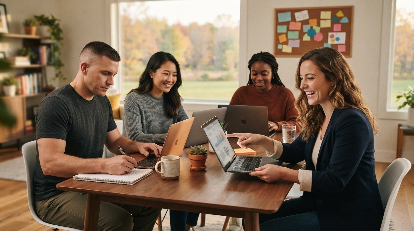 Four adult students sit around a wooden table with laptops in a home office, one laughing and pointing at a screen