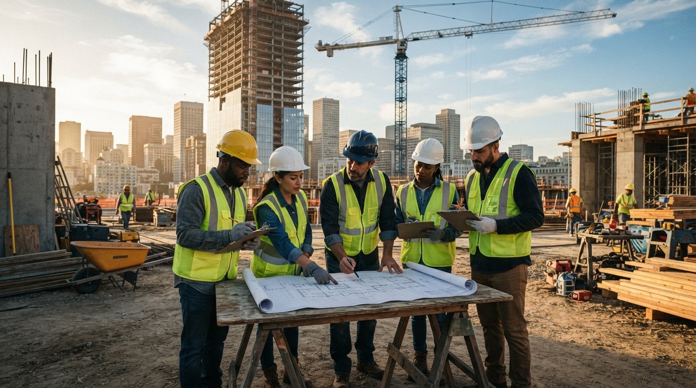 Adult students in hard hats and safety vests review large blueprints on a folding table at a downtown San Francisco…