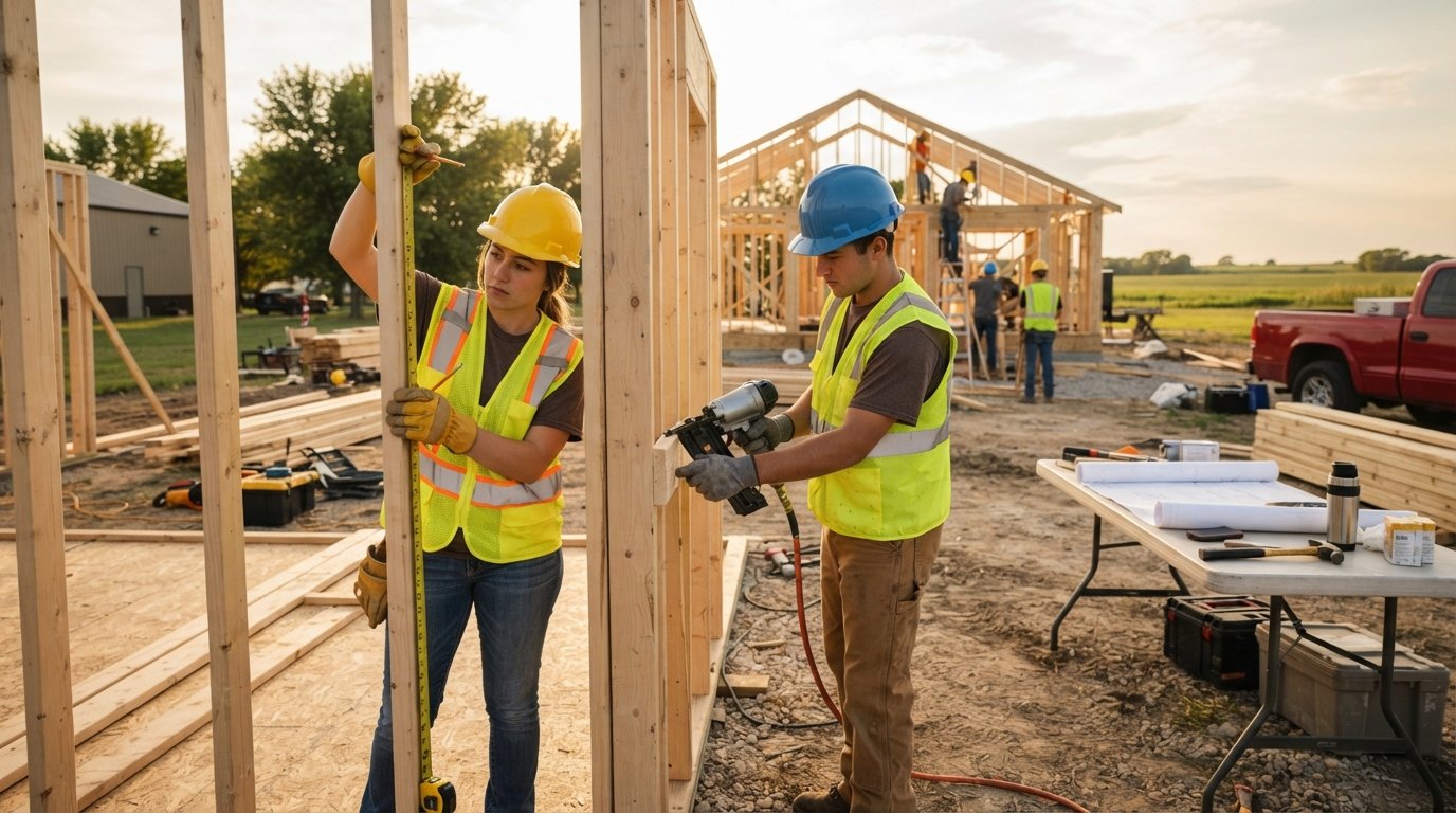 Two construction technology students in hard hats and safety vests measure and nail lumber on a wooden wall frame at an…