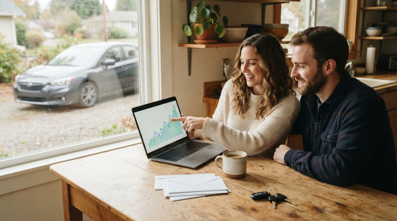 Couple at a sunlit kitchen table reviewing a rising chart on a laptop, with car keys, envelopes, and a sedan visible in the…