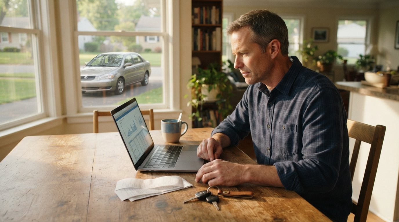 Middle-aged man in a button-down shirt reviews a car loan payment schedule on a laptop at a kitchen table, with car keys,…