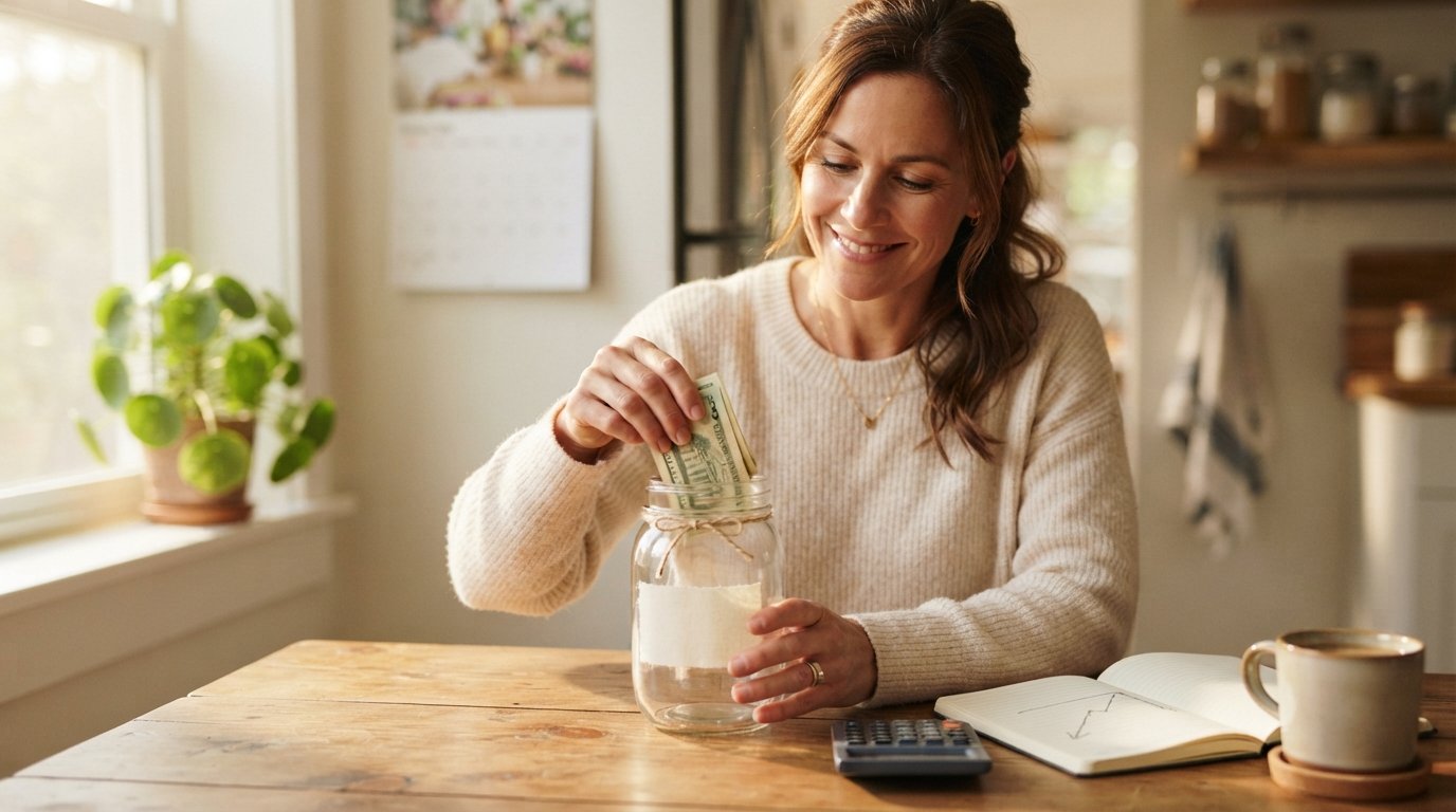Woman in cream sweater placing folded cash into a glass jar beside a calculator, notebook, and coffee mug at a sunlit…