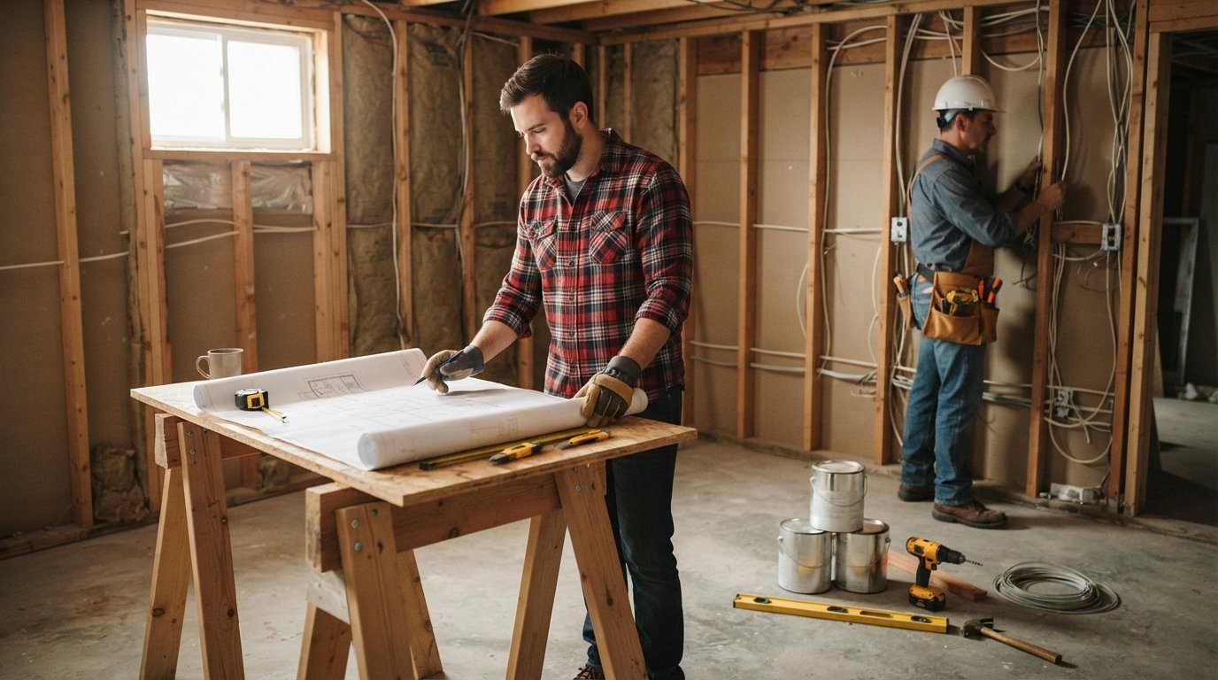 Homeowner in plaid shirt and work gloves reviews a rolled blueprint on a sawhorse workbench while a contractor in a hard…