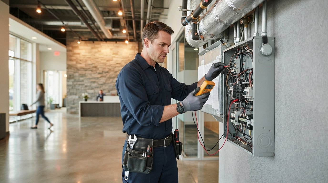 Maintenance technician in navy uniform checks an electrical panel with a digital multimeter in a commercial building lobby