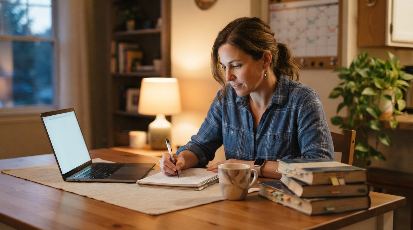 Adult learner in a button-down shirt writing in a notebook beside a laptop, coffee mug, textbooks, wall calendar, and…