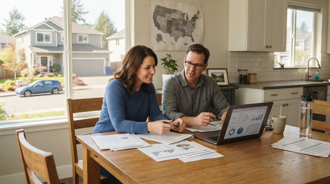 Couple at a kitchen table reviewing insurance paperwork and a laptop, with a house and car visible through the window