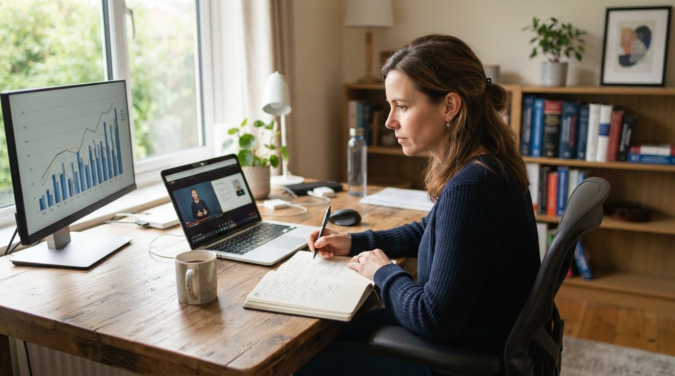 Adult in navy sweater at wooden desk with laptop showing a video lecture, notebook, coffee mug, and second monitor with a…