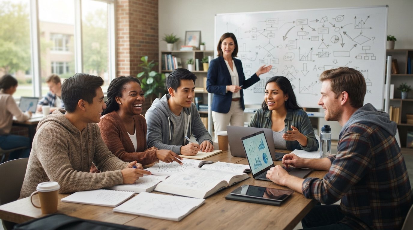 Diverse adult students work around a table with laptops and textbooks while an instructor gestures toward a whiteboard with…
