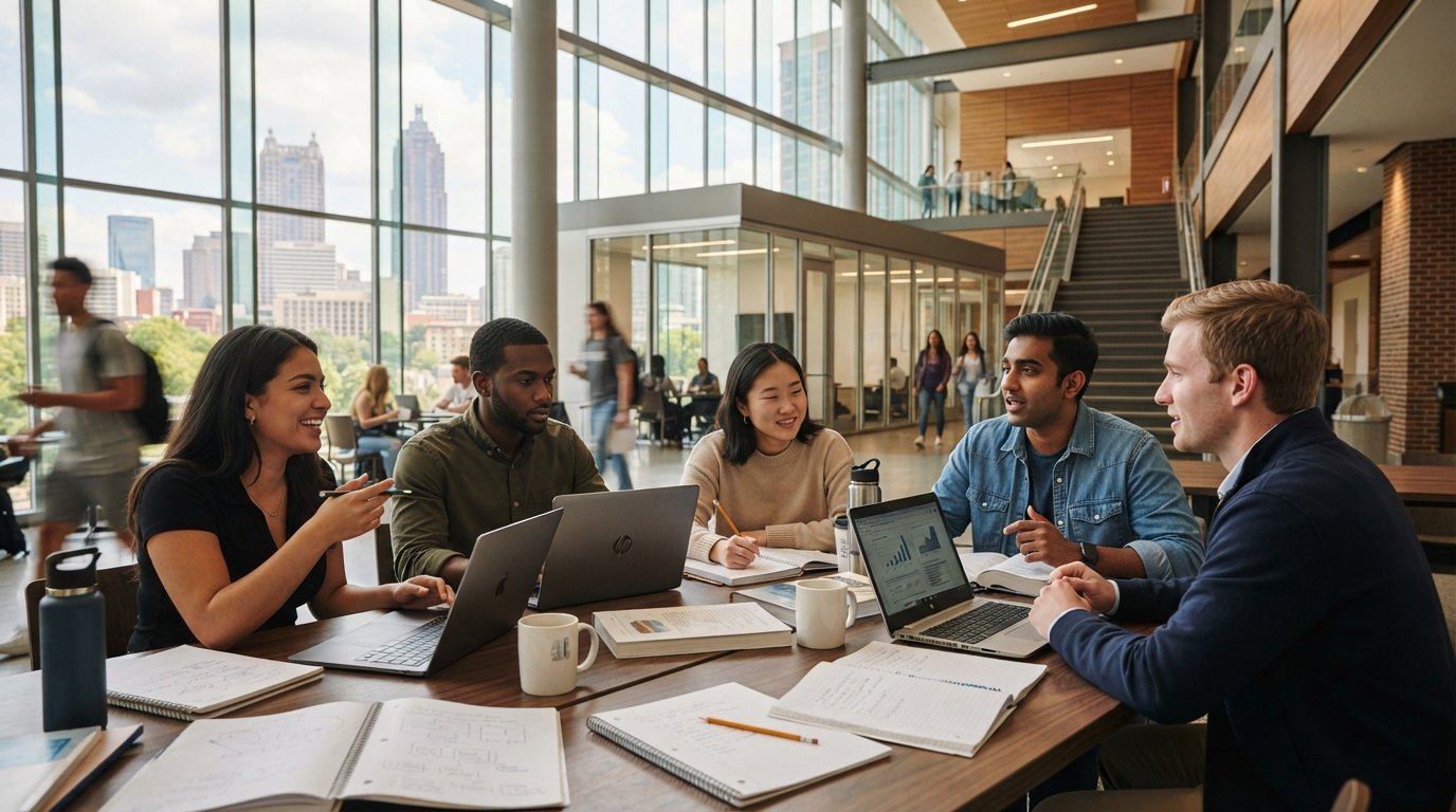Diverse college students in smart casual attire collaborate around a table with laptops, notebooks, and coffee cups in a…