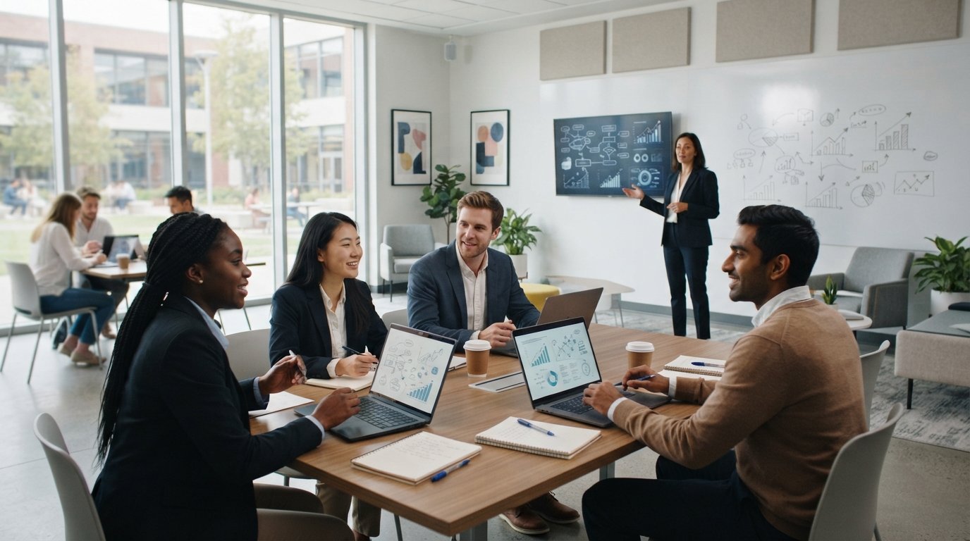 Diverse college students in business casual attire collaborate around a table with laptops and notebooks as an instructor…