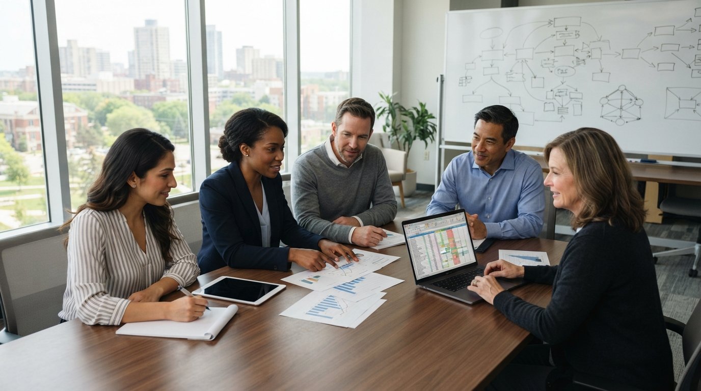 Adult learners in business casual attire review financial charts and a laptop spreadsheet around a wooden conference table…