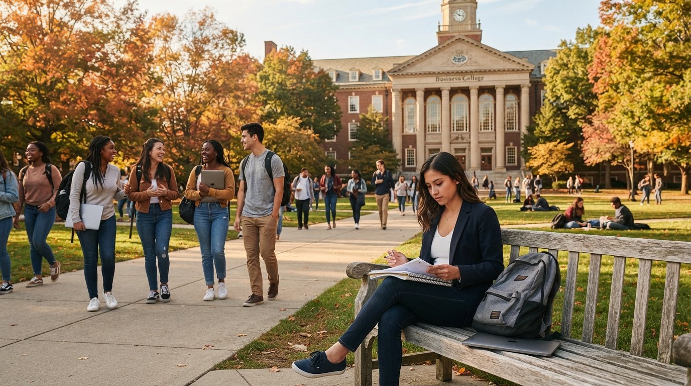 College students with backpacks and laptops walk across a sunlit campus quad toward a brick business building with tall…