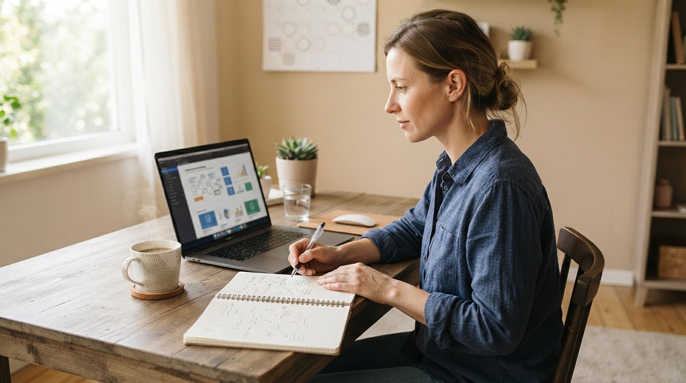 Adult student in a button-down shirt reviewing an online business administration course on a laptop at a home desk with a…