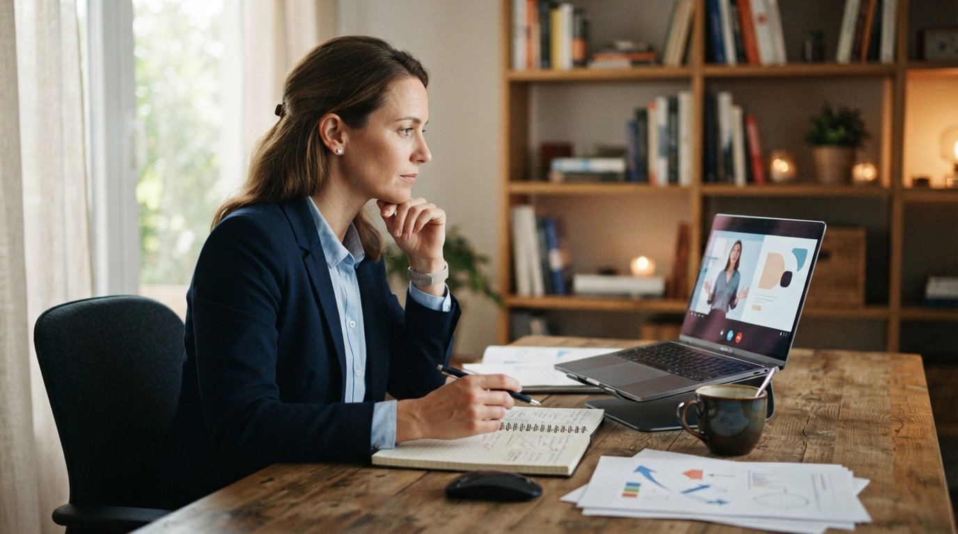 Adult professional in navy blazer and light blue shirt working at a home office desk with a laptop showing a video lecture,…
