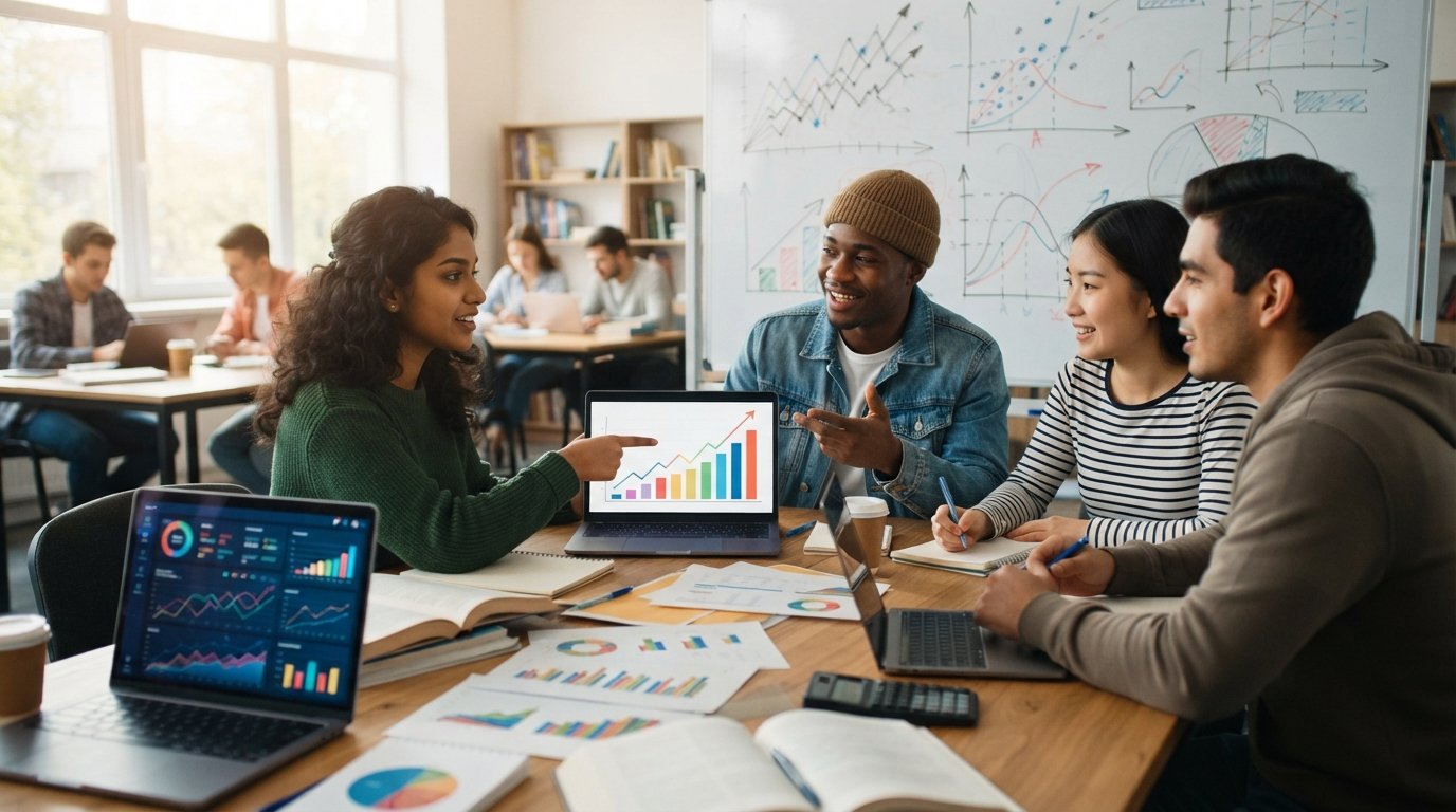 Four college students around a table with laptops showing colorful data dashboards, pointing at a rising bar chart, with…