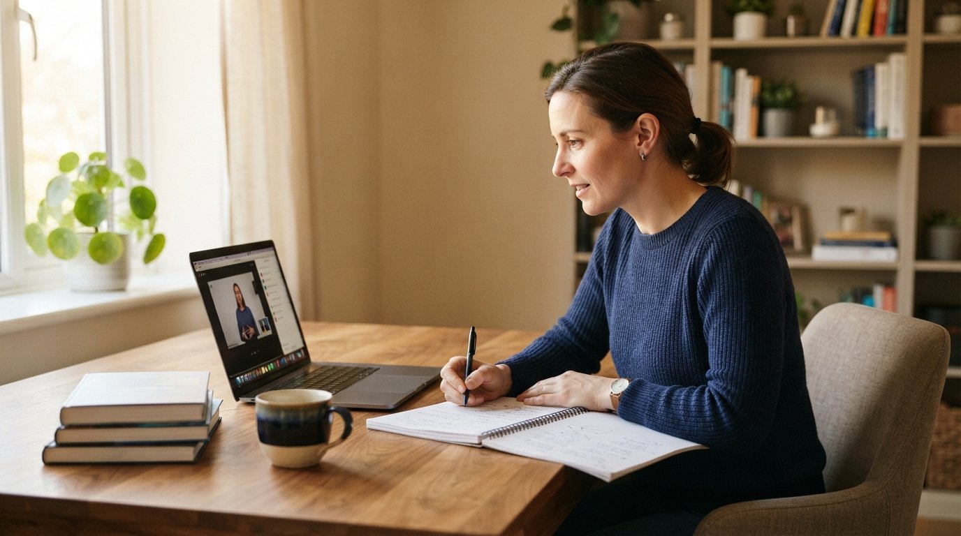 Adult student in a navy sweater studies at a home desk with a laptop showing a video lecture, notebook, pen, coffee mug,…