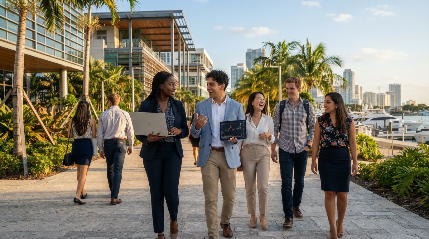 College students in business casual attire walking through a sunlit Miami campus courtyard with palm trees and modern…
