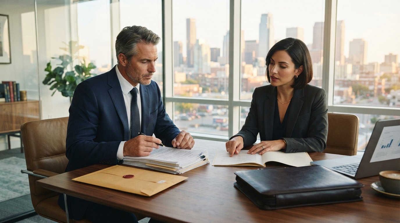 Business owner in a navy suit and an attorney in a charcoal blazer review legal documents at a conference table in a bright…