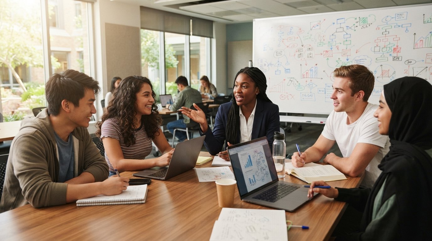 Diverse college students collaborate around a wooden table with laptops, notebooks, and coffee cups in a bright classroom,…