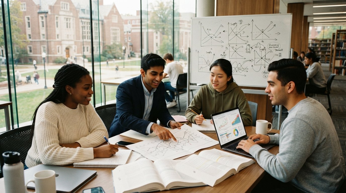 Four college students study economics together at a library table with laptops, textbooks, charts, and a whiteboard of…