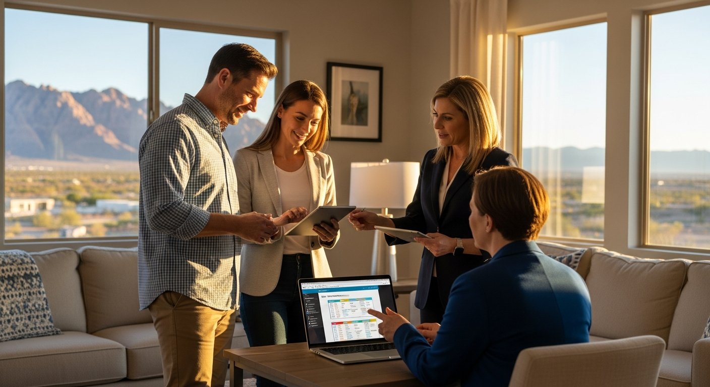 Father, mother, and a licensed advisor in a bright Las Vegas living room, reviewing health plan comparisons on a laptop and…